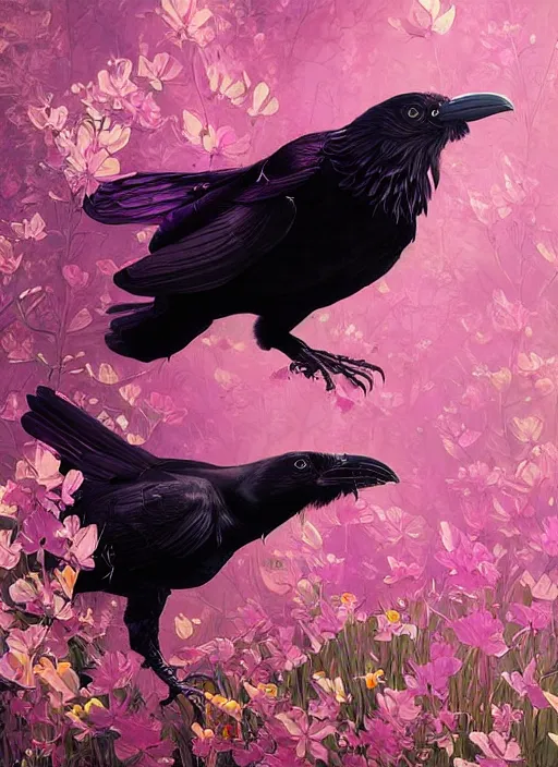 Image similar to portrait of black raven bird, flowers, pink spike aura in motion, floating pieces, painted art by tsuyoshi nagano, greg rutkowski, artgerm, alphonse mucha, spike painting