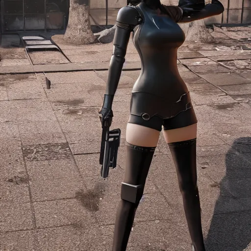 Image similar to 2B nier automata standing in front of a large building holding a Glock, detailed, artstation, concept art, Unreal Engine 5 render, 8K