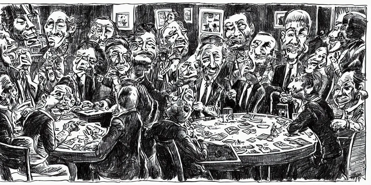 Prompt: surreal caricature sketch by r. crumb, theme of giant insects playing cards while seated around a round table