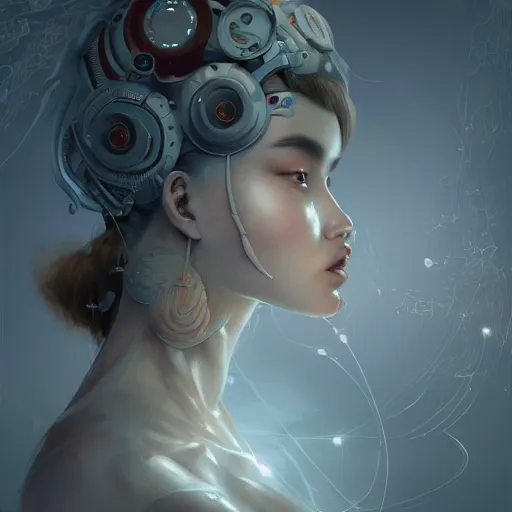 Image similar to hyperrealistic photography of a machine entering a beautiful venus female host in the style of jin kagetsu, james jean and wlop, highly detailed, sharp focus, intricate concept art, digital painting, ambient lighting, 4 k, artstation