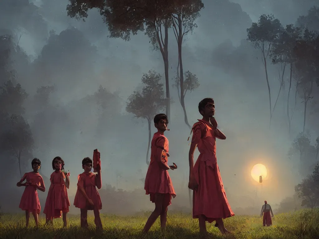 Image similar to kerala school boys wearing girls dresses posing for a photo, an epic fantasy, dramatic lighting, cinematic, establishing shot, extremely high detail, photorealistic, cinematic lighting, artstation, matte painting by simon stalenhag, horizon forbidden west