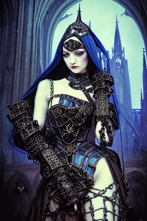 Prompt: beautiful gothic and victorian and evil and dieselpunk medieval female blue armor knight portrait, like lisa blackpink+smoky eyes+light flowing hair, ultradetail face, ruined gothic cathedral, art and illustration by tian zi and craig mullins and WLOP and alphonse mucha, ssci-fi, fantasy, intricate complexity, human structure, fantasy world concept, watermark, blurry, hyperrealism 8k