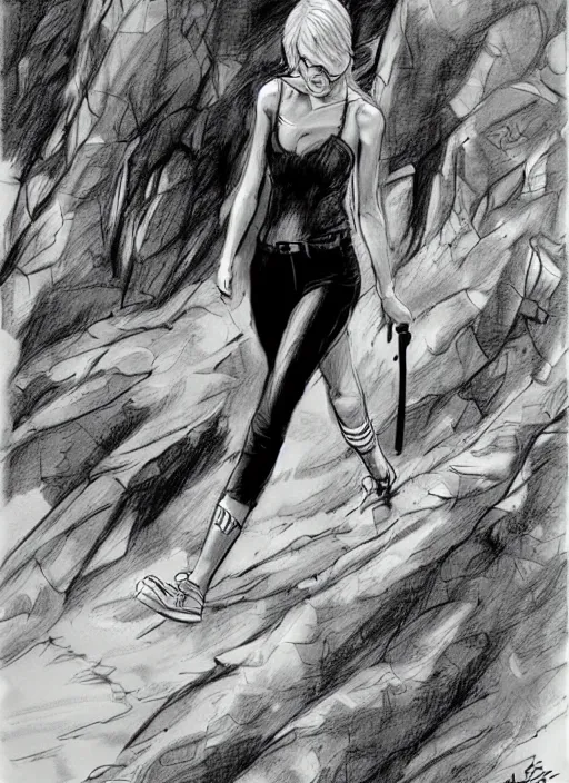 Prompt: beautiful concept art comic book drawing of taylor swift hiking by randy vargas and simon bisley