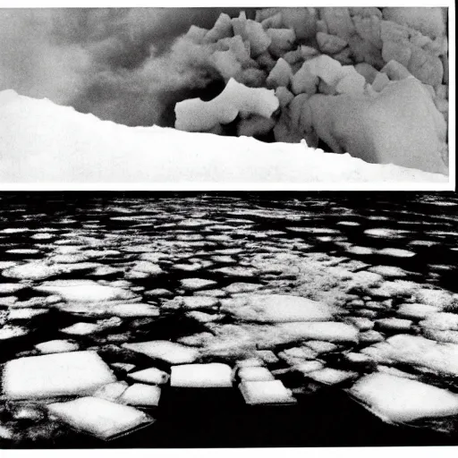 Image similar to vintage horrific photo of an ice floe meeting magma in the middle, textured, skewed perspective, last photo ever taken, apocalyptic event