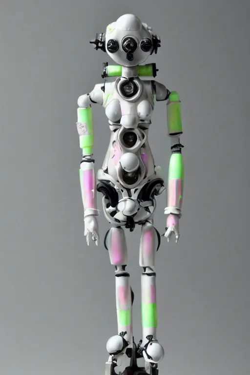 Prompt: a intricate anime figurine that looks like a white plastic industrial robot with fluo colored details covered in pastel colors, moody light, flemish painting