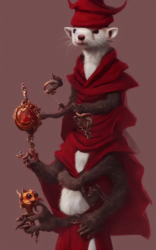 Prompt: a anthropomorphic ferret is a dark warlock dressed red robes, he's very menacing and evil, hyperdetailed, artstation, cgsociety, 8 k