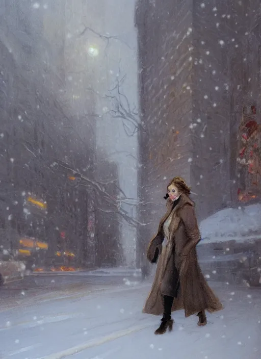 Image similar to back of emma stone in beige coat, walking into new york apartment building in winter, opening door, building entrance, snow, zoomed out, artwork by gaston bussiere, craig mullins, trending on artstation