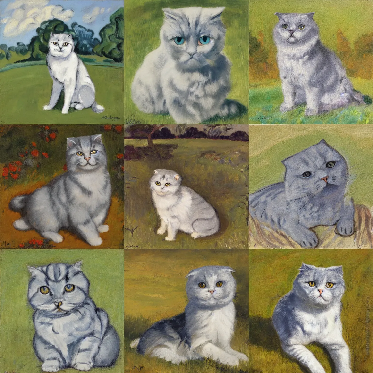 Prompt: a gray scottish fold sitting in the middle of sunny meadow, by irma stern