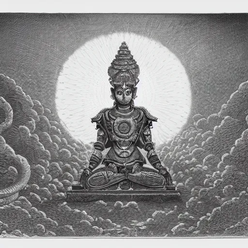 Image similar to a detailed engraving of a giant hindu robot god in the style of gustave dore