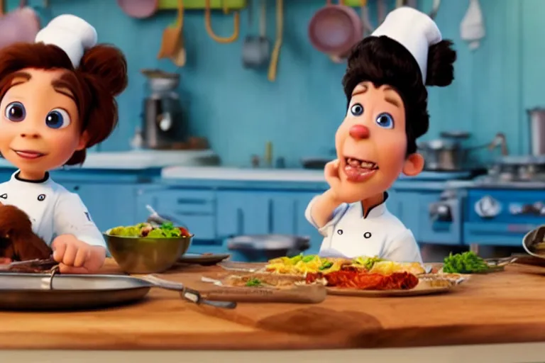 Image similar to promotional image of a puppy as a chef in the new pixar movie, movie still frame, promotional image, imax 70 mm footage