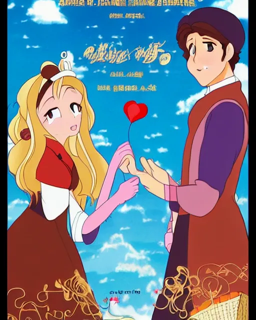 Image similar to a romantic movie about a baker and a princess falling in love, movie poster, anime art