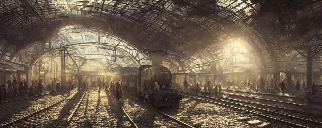 Image similar to photorealistic subway station with arriving steam trains, daylight, sunlight, lens flare, highly detailed, digital painting, artstation, concept art, smooth, sharp focus, 8k, photorealistic, 25mm f/1.7 ASPH Lens, ultra realistic steampunk illustration, art by greg rutkowski and alphonse mucha