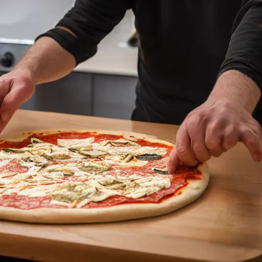 Image similar to A still of the Emperor making a pizza, 4k, photograph, ultra realistic, highly detailed, professional lighting