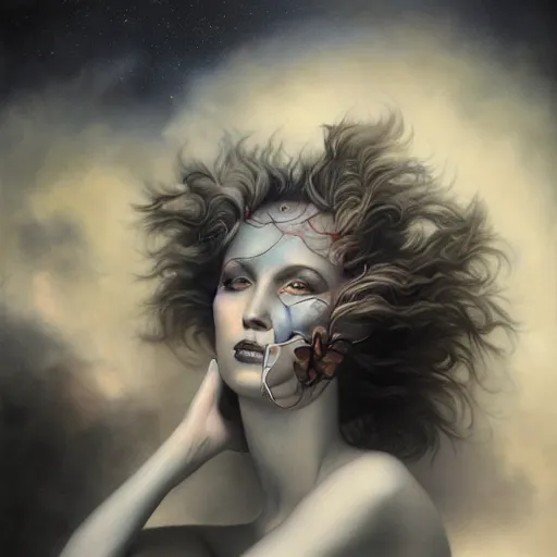 Image similar to By Tom Bagshaw Boris Vallejo, ultra realist soft painting of a curiosities carnival by night, omnious sky, symmetry accurate features, very intricate details, black and white, volumetric light clouds