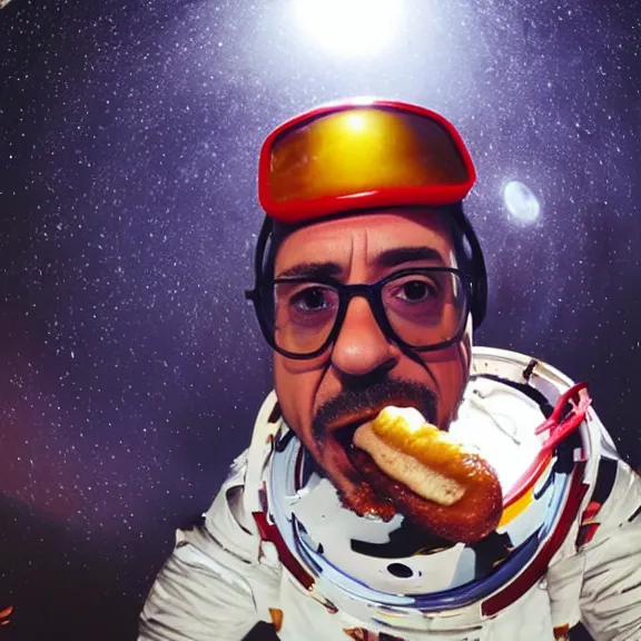 Image similar to robert downey jr eating a hot dog on the moon, dynamic lighting, gopro selfie with a fisheye lense