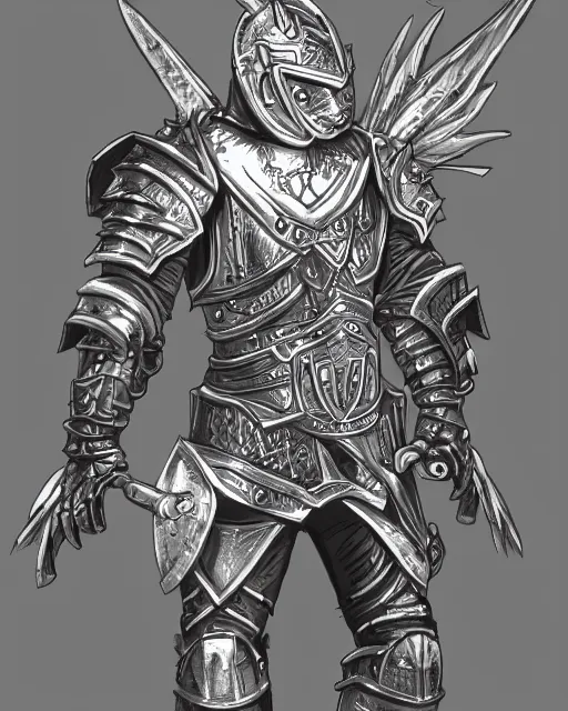 Image similar to fantasy warrior in full armor, silver with gold trim, line art, extremely clean, trending on artstation,