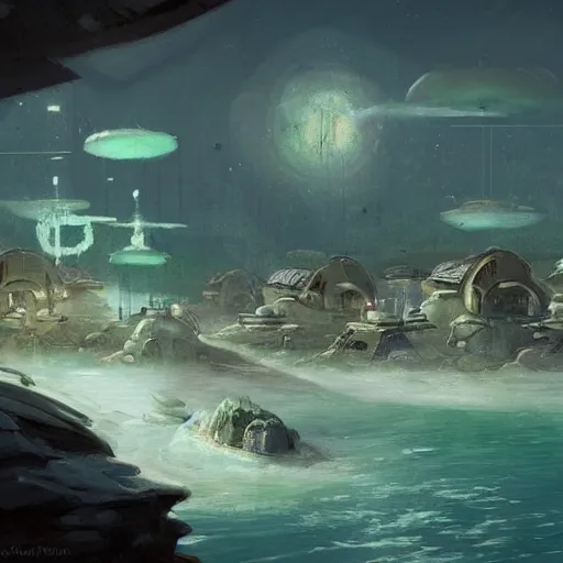 Prompt: sci-fi environment design of tiny fishing village where the houses are made of giant seashells by john harris