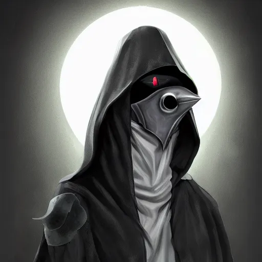 Image similar to female plague doctor donning a black hood, steel knightly armor and a white crow mask, trending on artstation