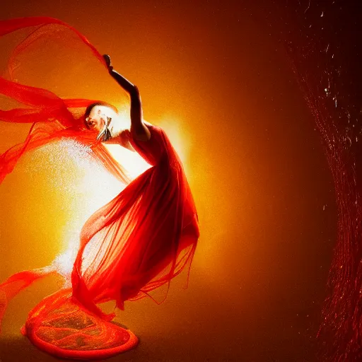 Image similar to woman dancing underwater wearing a long flowing dress made of red and yellow wire, coral sea bottom, swirling schools of silver fish, swirling smoke shapes, octane render, caustics lighting from above, cinematic, hyperdetailed