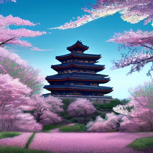 Prompt: A beautiful digital fantasy painting of a giant Japanese temple at the top of a hill in the mountains, surrounded by cherry blossom trees and bamboo, by Greg Rutkowsky and James Gurney, trending on Artstation