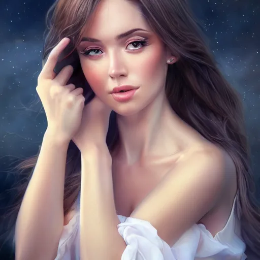 Image similar to a gorgeous female photo, professionally retouched, soft lighting, wearing sundress, illuminated by moonlight realistic, smooth face, raven haired, light freckles, perfect eyes, wide angle, sharp focus on eyes, 8 k high definition, insanely detailed, intricate, elegant, art by artgerm and wlop