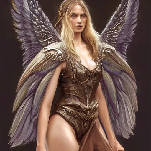 Image similar to portrait of young aasimar angel girl maiden wearing comfy leather armor with beautiful feathered angel wings, Emily Ratajkowski, Alessandra Ambrosio, innocent, intricate, elegant, highly detailed, digital painting, artstation, concept art, smooth, sharp focus, illustration, art by artgerm and greg rutkowski and alphonse mucha