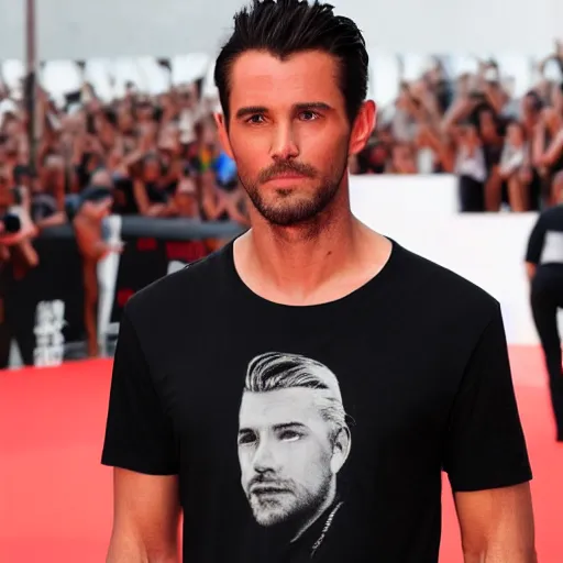 Prompt: photograph of a stunningly handsome man wearing a black t - shirt with the word “ leo ” printed on it in white letters. he is standing on the red carpet at the venice film festival