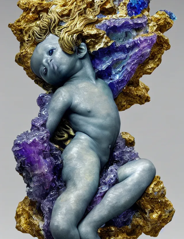 Prompt: a sculpture of a winged child made from blue and emerald and amethyst crystal geode formations with flowing marble water with obsidian base with liquid gold tendrils flowing by carlo maria mariani by stanisław szukalski, tesseract!!!, octane render, byzantine, spirals, elestial crystals, geode,