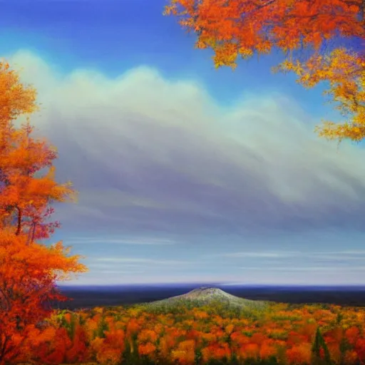 Image similar to hyper realistic landscape painting of sleeping giant park in ontario during fall