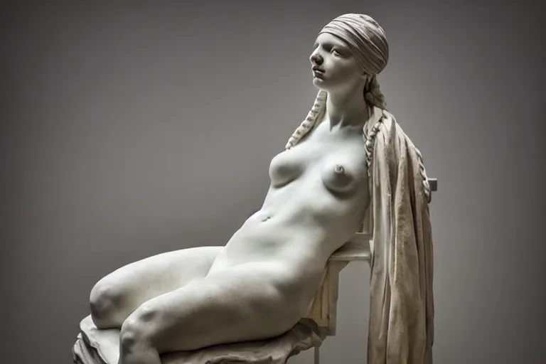 Prompt: a sculpture of a renaissance girl sitting on a top of the chair, a white marble sculpture covered with floating water by nicola samori, behance, neo - expressionism, marble sculpture, apocalypse art, made of mist, medium shot