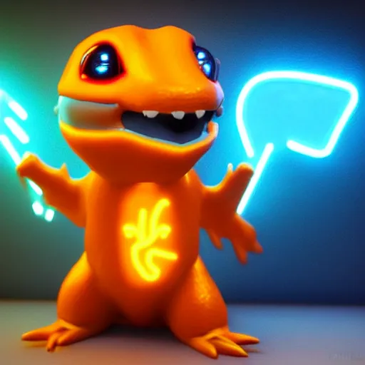 Prompt: cybertronic metallic Charmander, neon, glowing, unreal engine