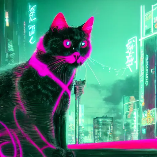 Image similar to a detailed matte painting of a neon cat under a black light with red led eyes, the cat is in a intricately detailed neo neon cyberpunk Japanese city, the angel of death with a halo, colorful background not limited to children, by Ismail Inceoglu , 4K concept art, featured on cgsociety, unreal engine