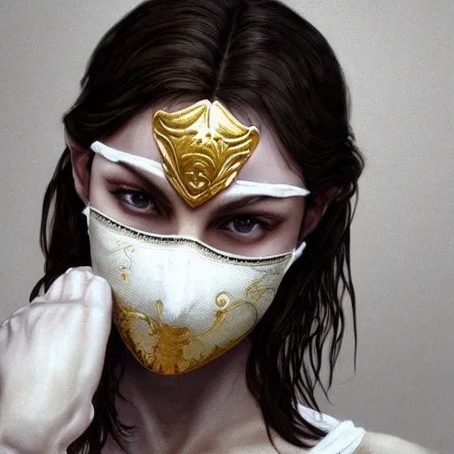 Image similar to 1 5 year old white girl with a white shirt that has one shoulder visible, wears black sports shorts and a golden mask on her face, intricate, highly detailed, digital painting, artstation, concept art, smooth, sharp focus, illustration, unreal engine 5, 8 k, art by artgerm and greg rutkowski and alphonse mucha