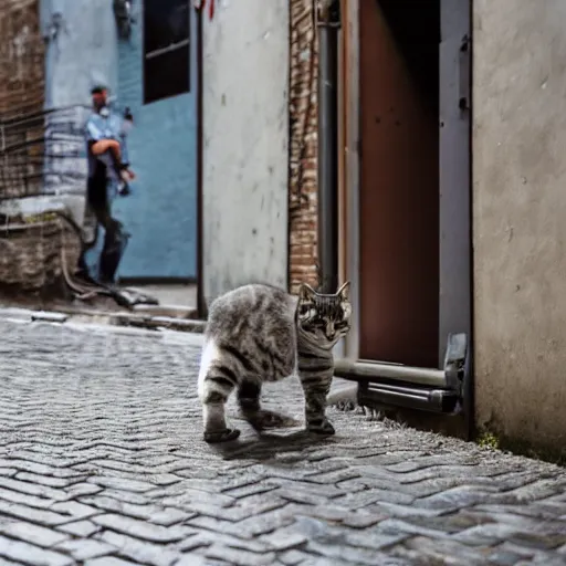 Prompt: robot cat walking in an alley, sharp details, highly complexe nature inspired machinery, close up, 4 k high realistic photography