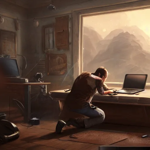 Image similar to realistic man using laptop in gaming room, artstation trends, sci fi concept art, highly detailed, intricate, sharp focus, digital art, 8 k