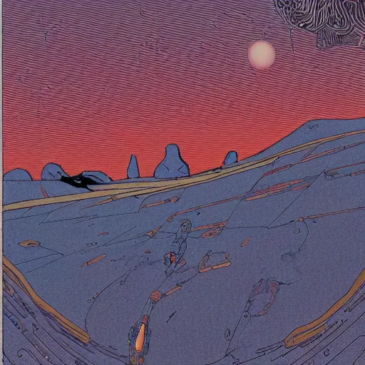 Prompt: an alien landscape by Moebius