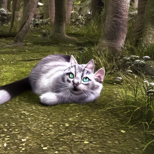 Image similar to wounded grey striped cat lying on the ground in a warrior cats forest, unreal engine