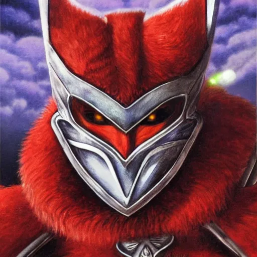 Prompt: a beautiful painting of the berserker armor from the manga berserk with the helmet showing a fearsome fox shape with glowing red eyes by moebius, berserk manga