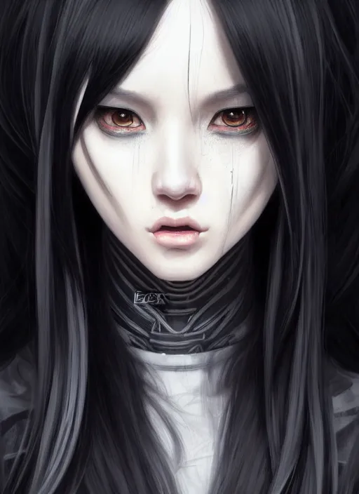 Image similar to full body portrait of long black hair girl within a streetwear. porcelain warforged, cynical face, concept art, character illustrations, intricate, highly detailed 8 k, smooth, matte, sharp focus, rim light, beautiful and aesthetic shape of face and body, artgerm, artstation, art by zexi guo
