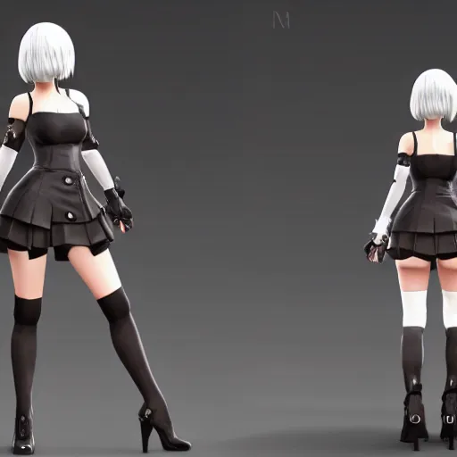 Image similar to 2B from nier automata wearing short clothes , 4k, unreal engine render, trending in artstation, artstationHD, artstationHQ