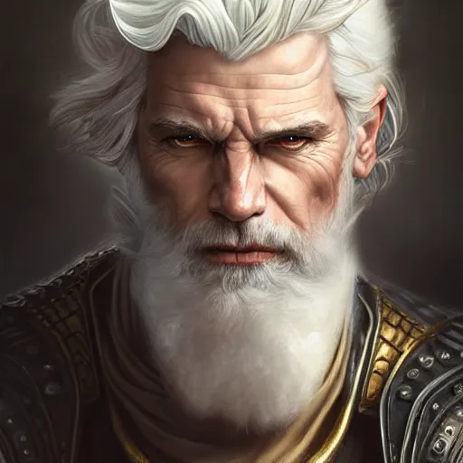 Image similar to portrait of a ruggedly handsome paladin, white hair, muscular, half body, leather, hairy, d & d, fantasy, intricate, elegant, highly detailed, digital painting, artstation, concept art, smooth, sharp focus, illustration, art by artgerm and greg rutkowski and alphonse mucha