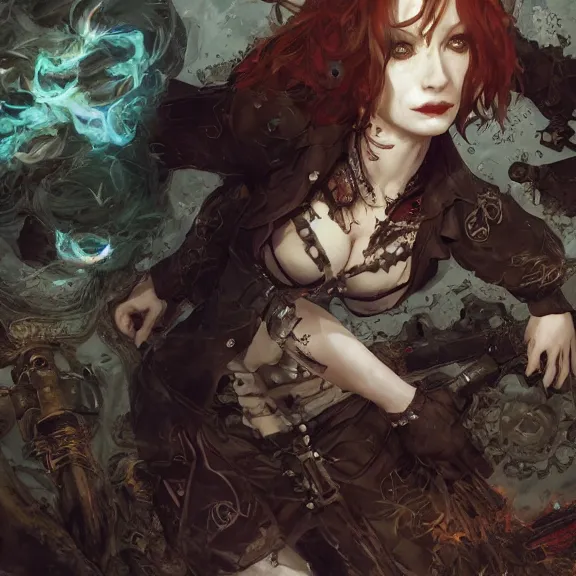 Image similar to christina hendricks!!!!! goth!!!!!, tankoban, 4 k, tone mapping, akihiko yoshida, james jean andrei riabovitchev marc simonetti, yoshitaka amano, long hair, curly, h. hydrochaeri