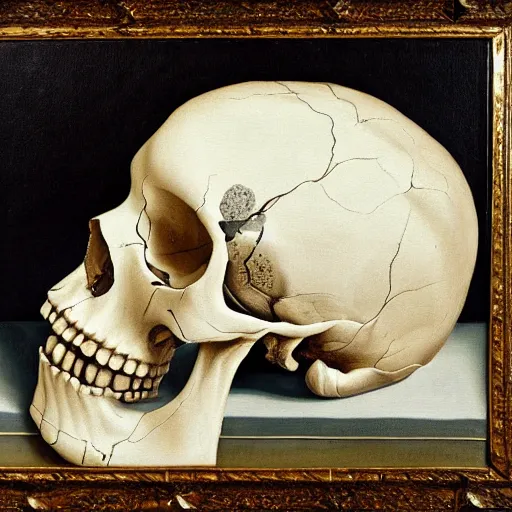 Prompt: a painting of a human skull with diamonds for eyes nestled on a bed of white lilies, dark shadowy background, in the style of a still life painting by francisco de zurbaran