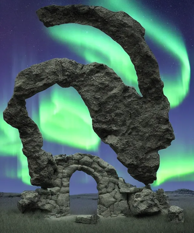 Image similar to portal to another dimension, stone archway, aurora borealis, mysticism, photorealistic, fog