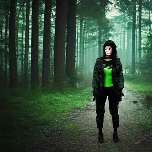 Image similar to young lady with green and black hair wearing black military style clothing backpack long sword glow misty forest rendered