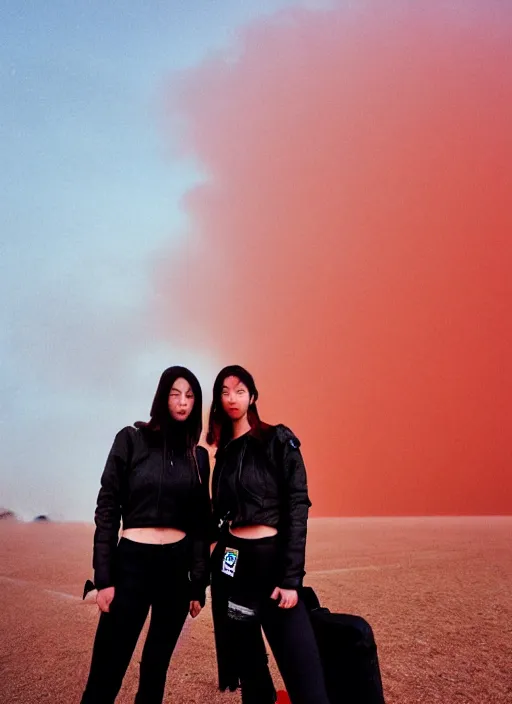 Image similar to cinestill 5 0 d photographic portrait of two loving female androids wearing rugged black techwear standing in front of a brutalist structure on a desolate plain with a red sky, extreme closeup, cyberpunk style, dust storm, 8 k, hd, high resolution, 3 5 mm, f / 3 2, ultra realistic faces, ex machina