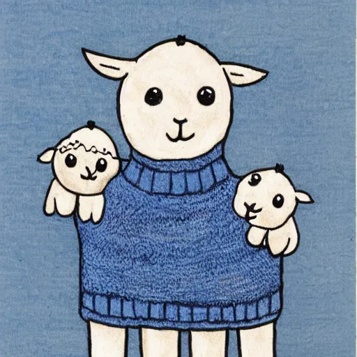 Prompt: a lamb with a blue knitted sweater hugging his mom, children's book drawing