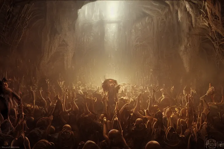 Image similar to Beautiful hyperrealistic detailed matte portrait painting of a goblin rap battle in underground tavern that looks like it's from lord of the rings and bazaar by greg rutkowski, andreas rocha and john howe, and Martin Johnson Heade,featured on artstation, ultrawide angle,f16 , golden ratio, f32, well composed, cohesive