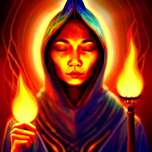 Image similar to ( a priestess with a hood that covers half her face carries an incense burner that emits a pleasantly colored flame. ) by anato finnstark, dream, full body portrait, dynamic lighting, beautiful, trending on artstation, wallpaper, 4 k, award winning, digital art, very detailed faces