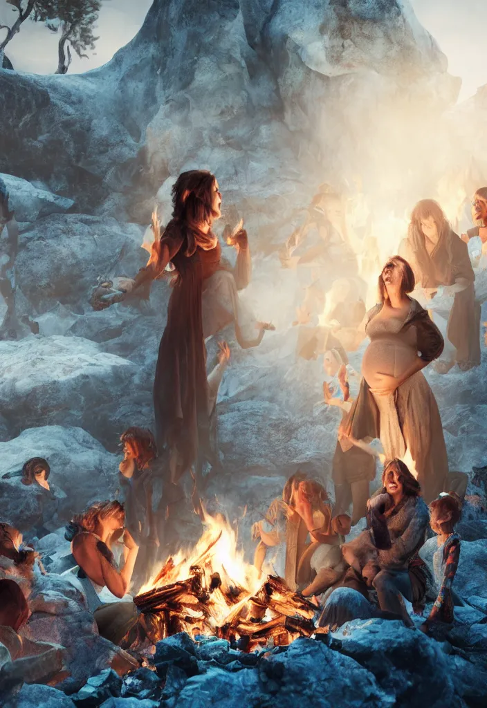 Image similar to epic leader pregnant woman talking to all her tribe around a bonfire, proud people looking at the pregnant woman, ice cave, facinating, fantasy digital art, octane render, beautiful composition, trending on artstation, award - winning photograph, masterpiece